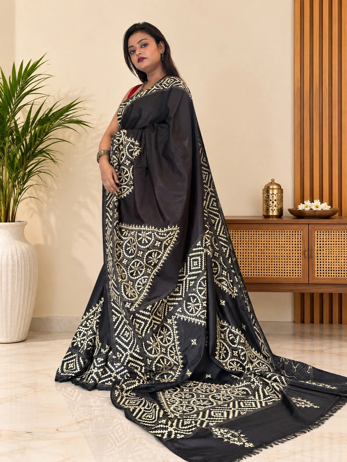 Black Blended Bangalore Silk Kantha Saree