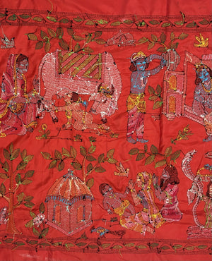 Krishna Kantha wall hanging, hand-embroidered scene on red - detail 4