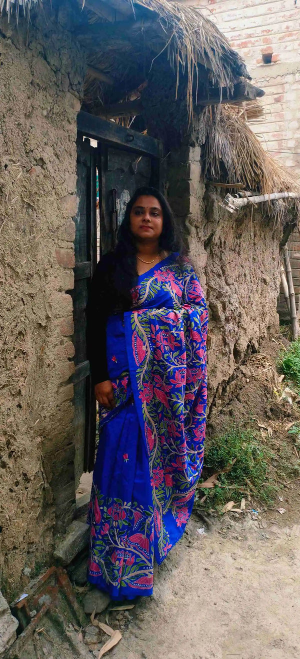Neelambari Pure Silk Kantha Saree - Royal Blue Floral Embroidery