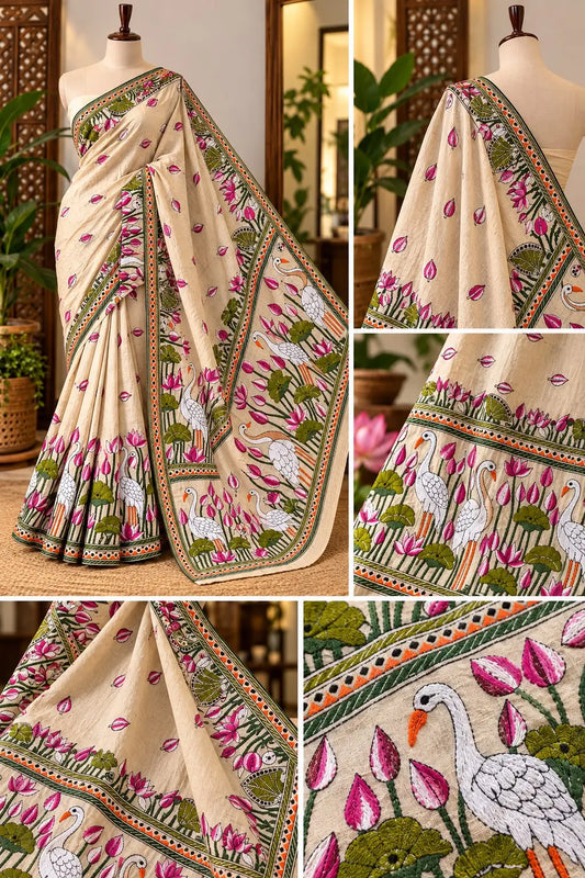 Off-White Silk Kantha Saree with Lotus Embroidery