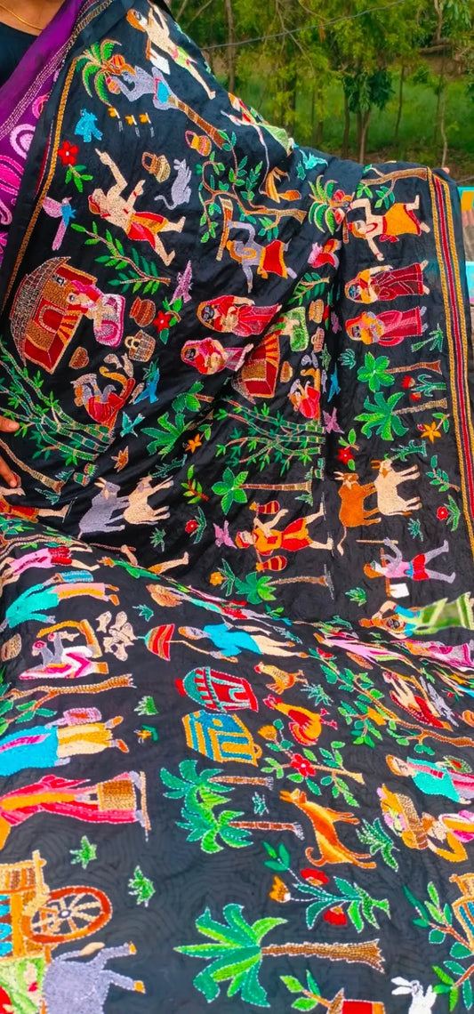 Close-up of gold and maroon border on black silk Kantha dupatta