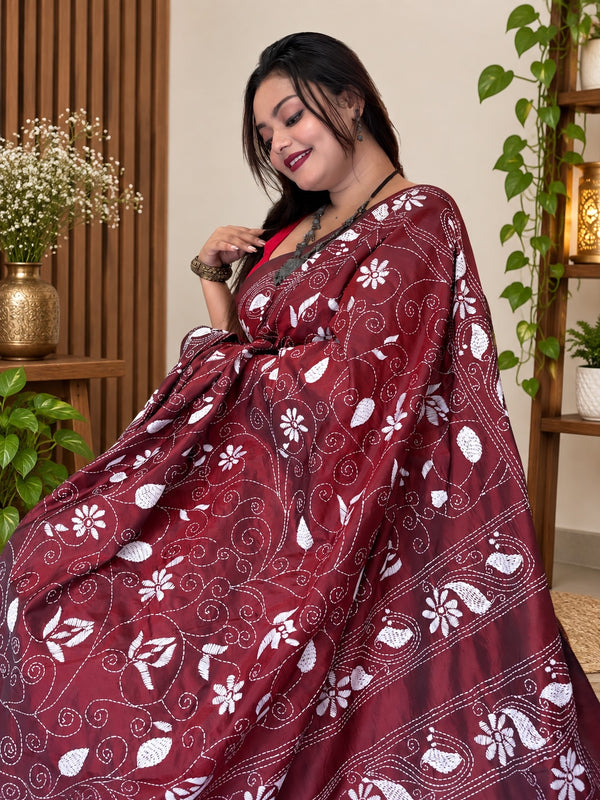 Deep Maroon Blended Bangalore Silk Kantha Saree
