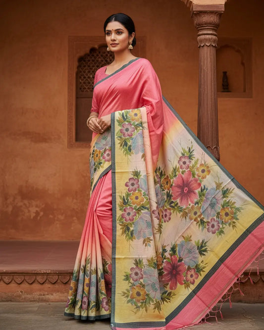 Bishnu Puri silk saree with pink floral pallu, handcrafted by artisan Loveli Khatun