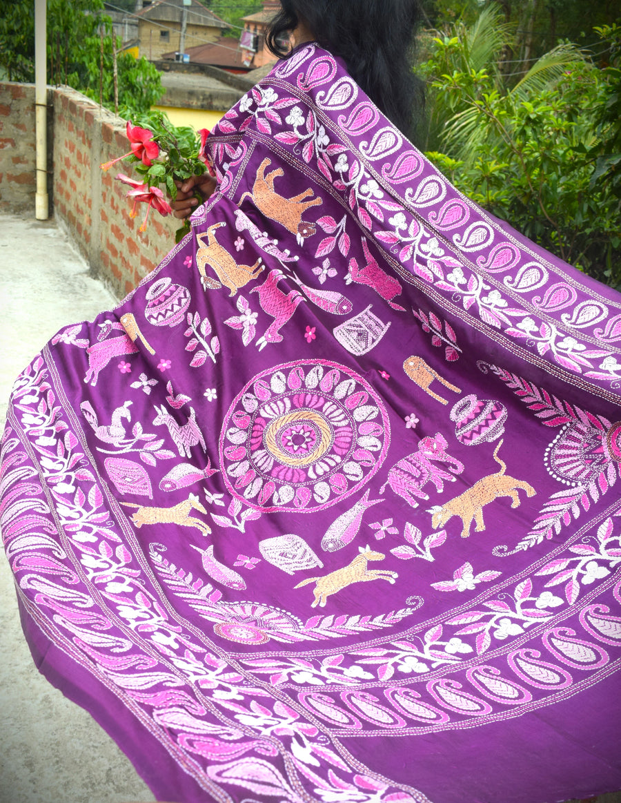 Royal Heritage Kantha saree in royal purple silk with hand-embroidered folk motifs
