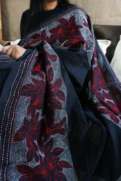 Black Pure Silk Kantha Saree with Red Floral Hand Embroidery | Handmade Santiniketan Kantha Saree Direct From Artisan.