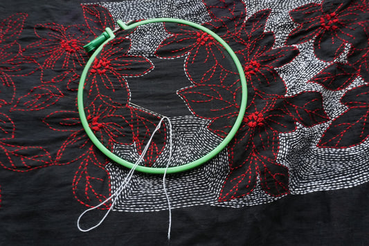 Close-up of red and white floral Kantha hand embroidery on black silk saree