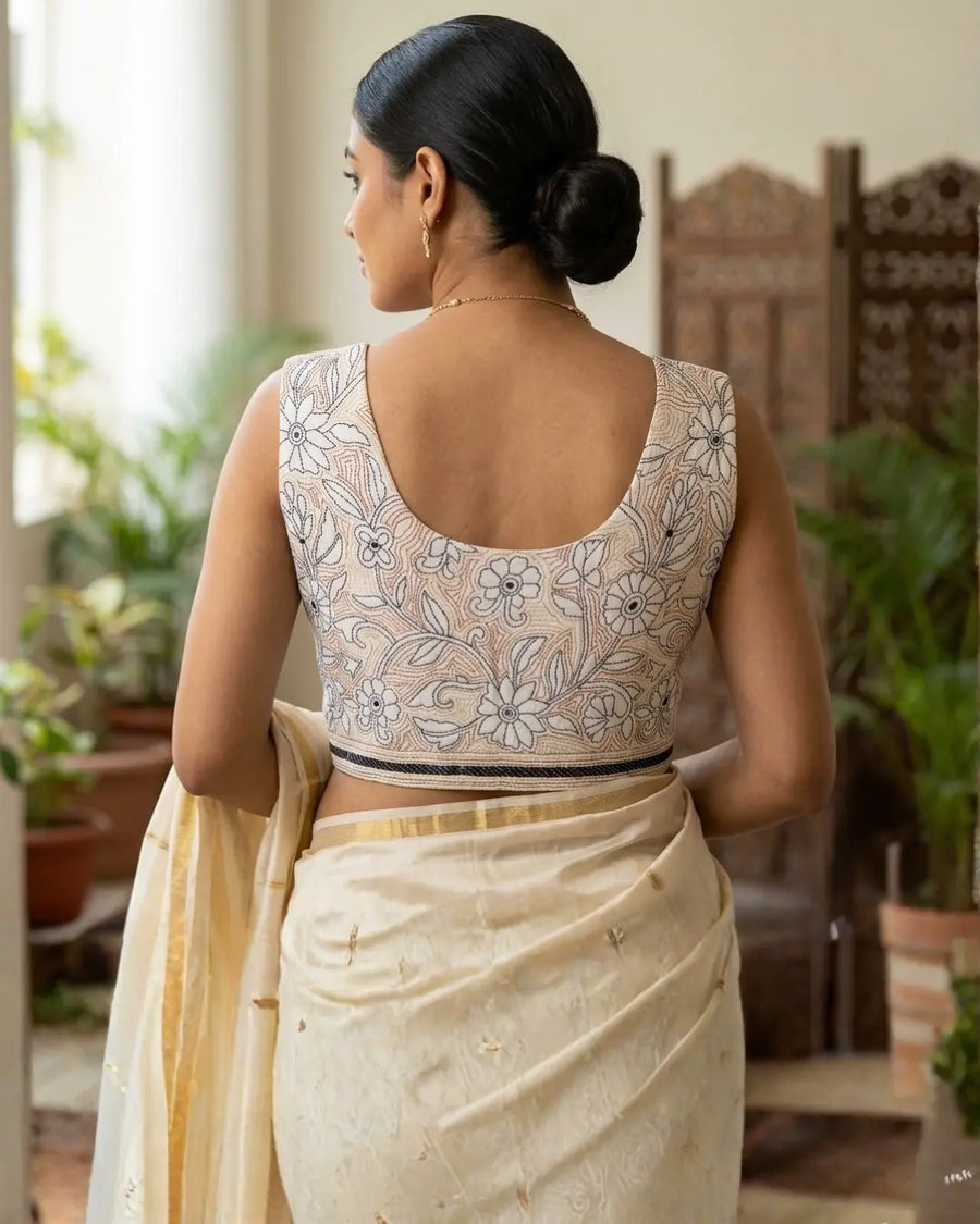 Kantha cotton blouse with floral hand embroidery, sleeveless design