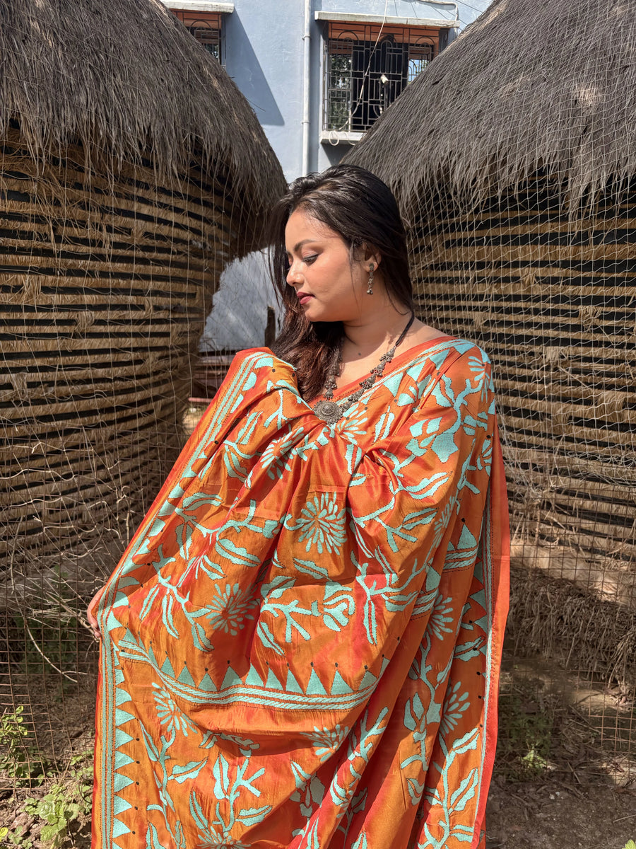 Orange Blended Bangalore Silk Kantha Saree