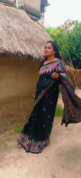 Nanoor Geometric Kantha saree draped, full black silk view
