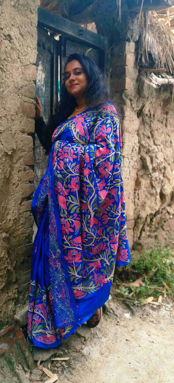 Neelambari Pure Silk Kantha Saree