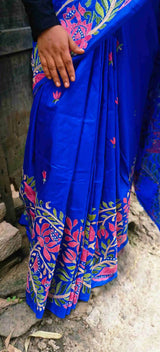 Neelambari Kantha saree draped, full royal blue silk view