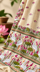Off-White Silk Kantha Saree with Lotus Embroidery