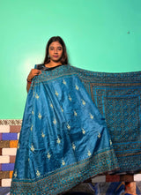 Teal Blue Kantha Silk Saree with Floral Motifs