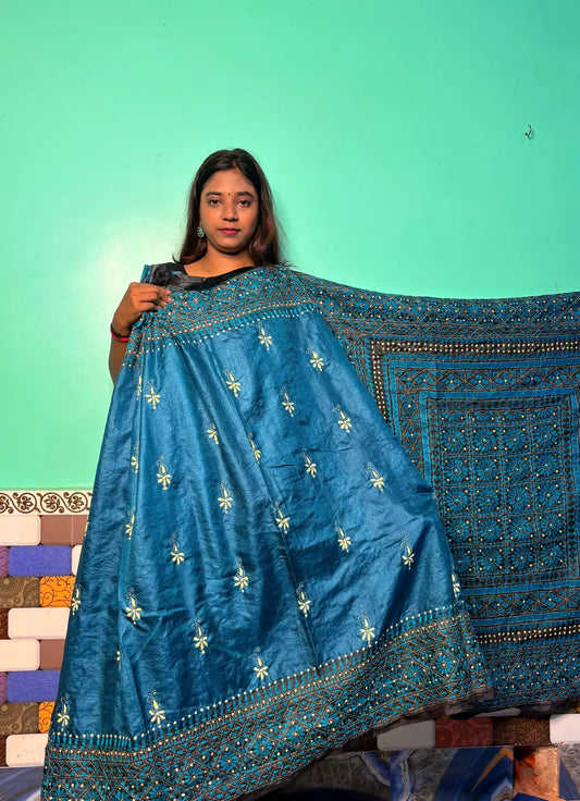 Teal Blue Kantha Silk Saree with Floral Motifs