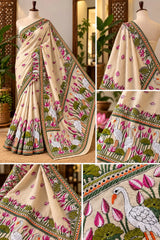 Off-White Silk Kantha Saree with Lotus Embroidery