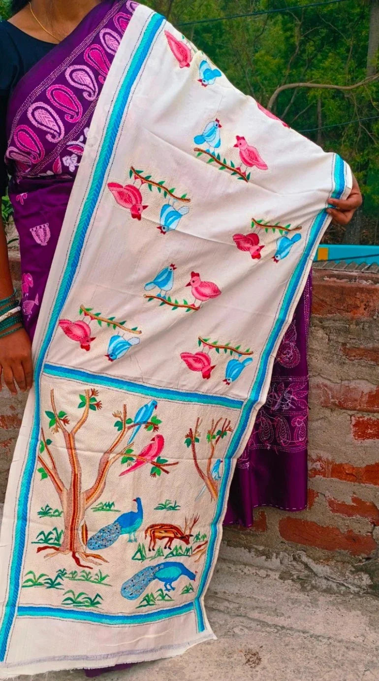 Ivory Kantha stole with hand-embroidered bird, peacock and deer motifs, turquoise border