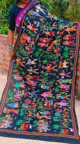 Black silk Kantha dupatta with dense hand-embroidered Bengal village-life motifs