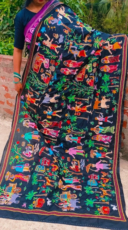 Kantha Dupatta — Hand-Embroidered Bengal Village-Life Motif on Black Pure Silk with Nakshi KANTHA