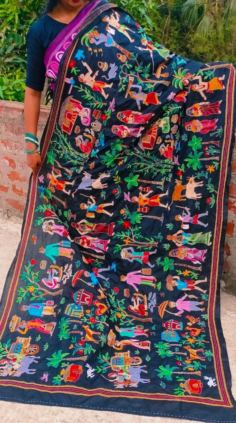 Black silk Kantha dupatta with dense hand-embroidered Bengal village-life motifs
