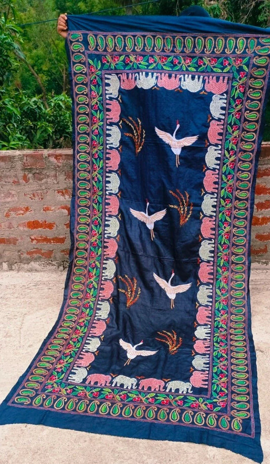 Navy blue Kantha dupatta with hand-embroidered flying cranes and elephant border