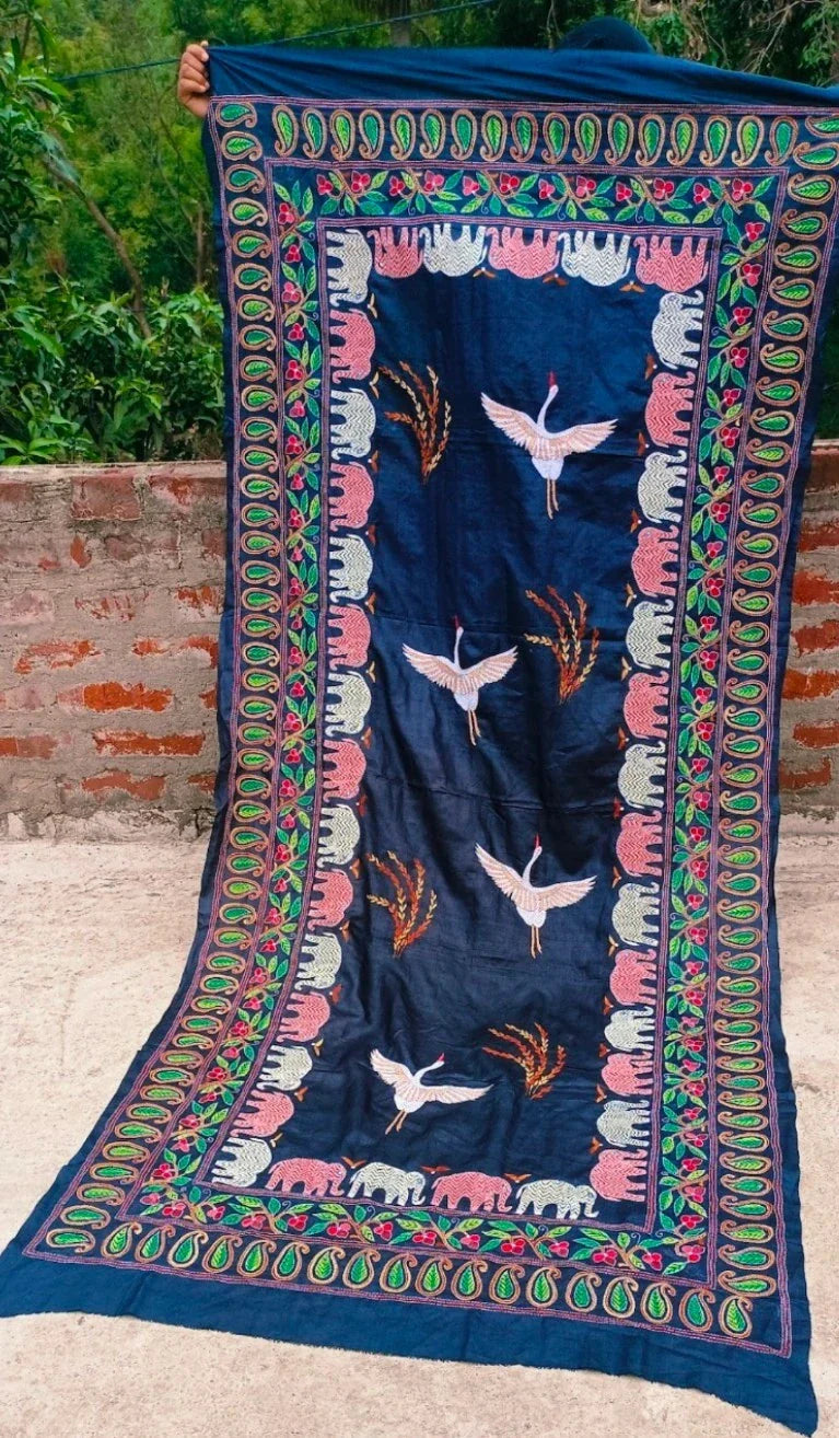 Navy blue Kantha dupatta with hand-embroidered flying cranes and elephant border