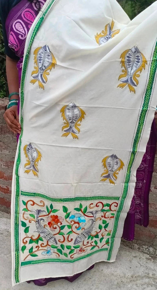 Ivory cotton Kantha stole with hand-embroidered mustard-gold fish motif