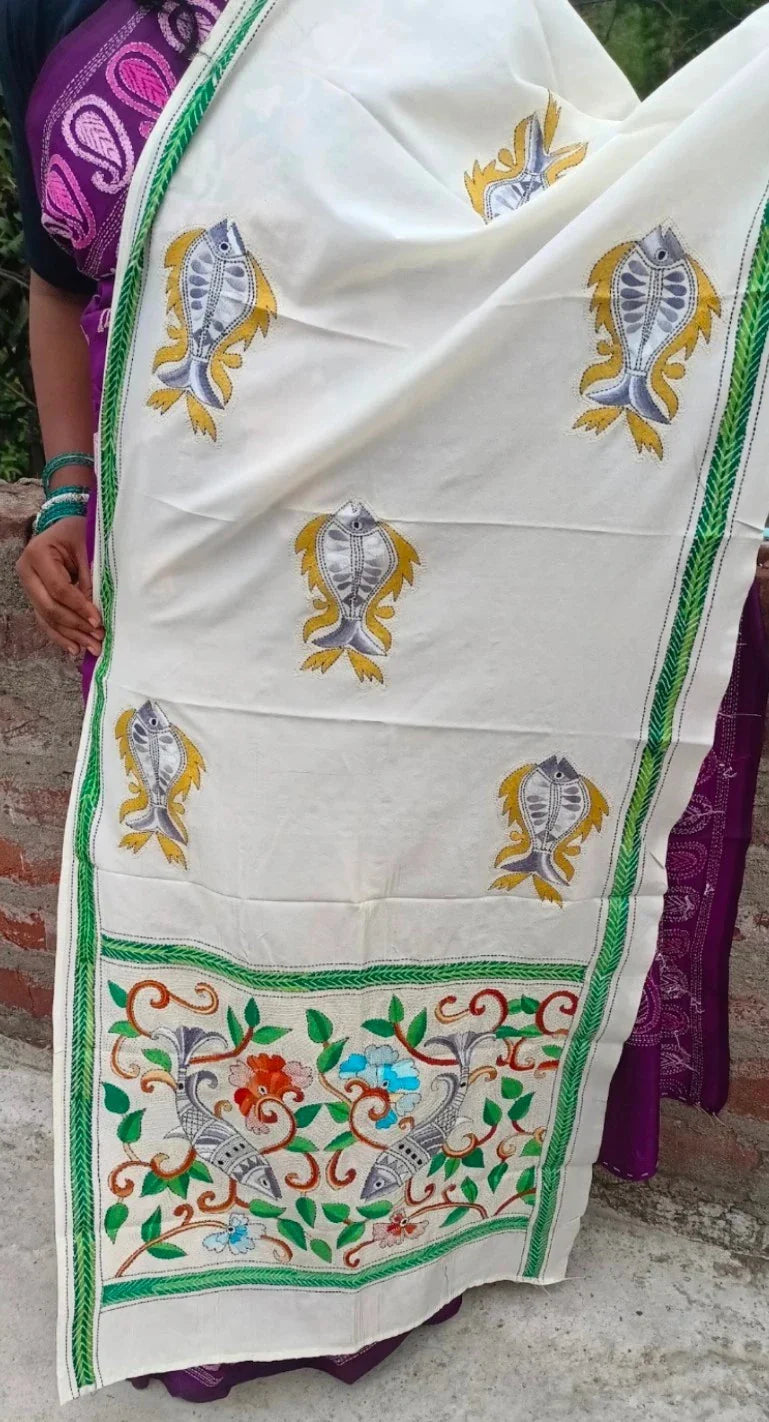 Ivory cotton Kantha stole with hand-embroidered mustard-gold fish motif