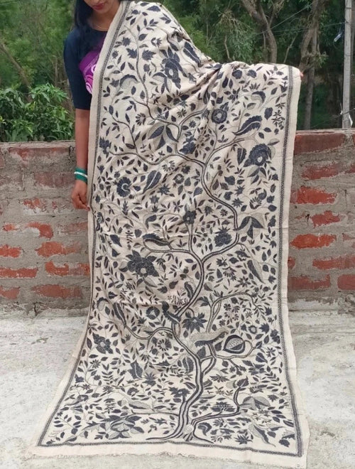 Kantha Stole — Hand-Embroidered Tree of Life Motif in Grey on Ivory