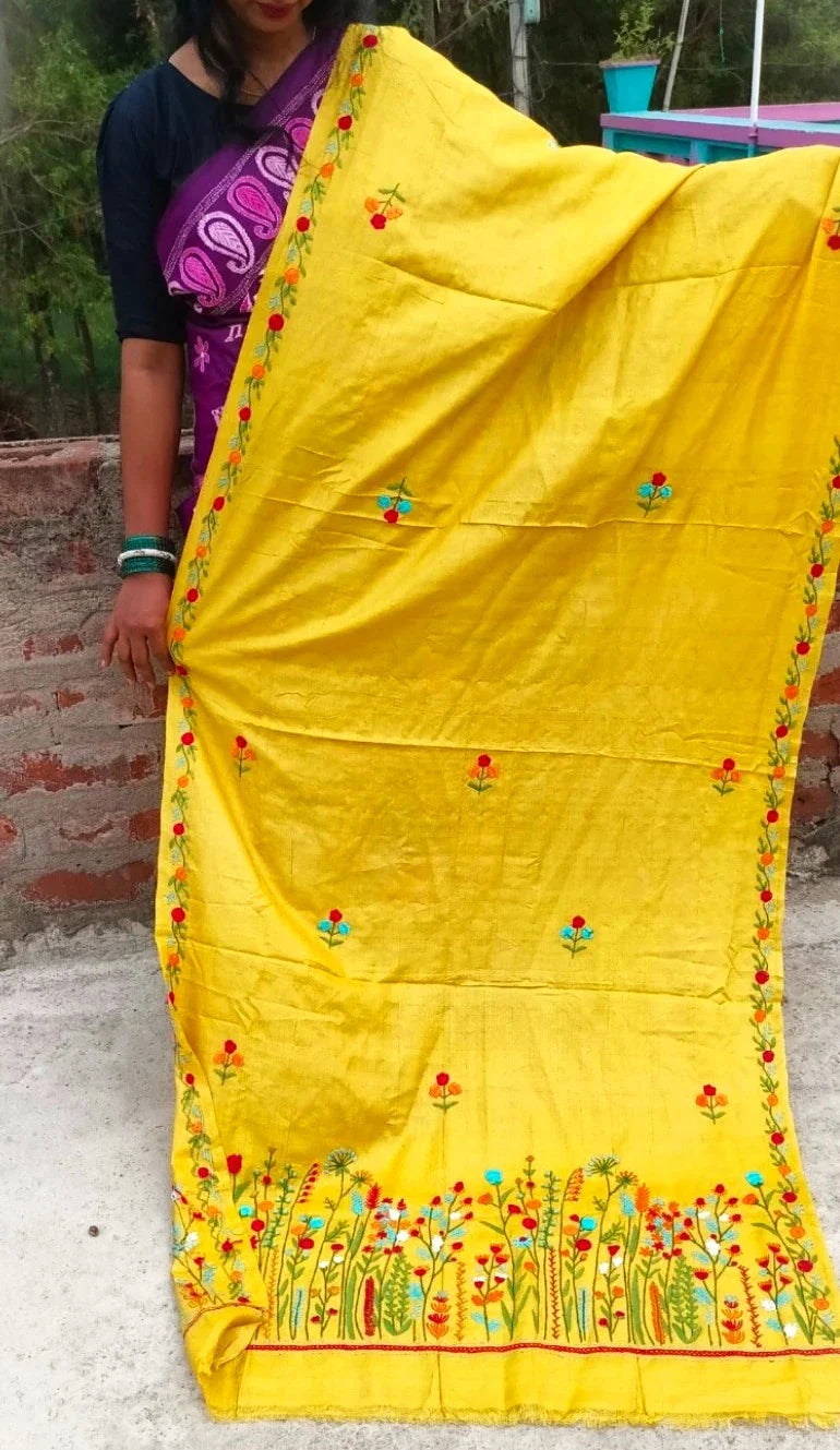 Mustard yellow Kantha stole with hand-embroidered floral meadow border