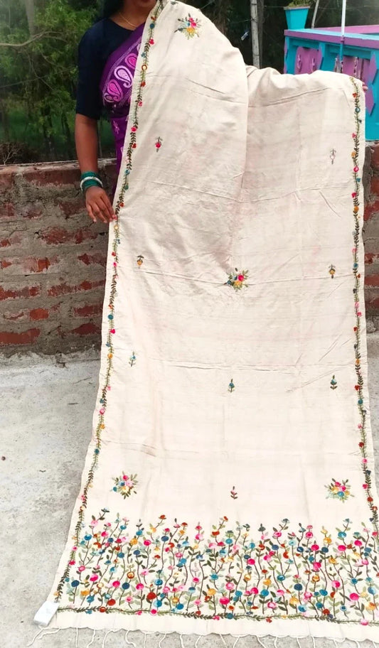 Close-up of red and orange floral vine embroidery on mustard Kantha stole