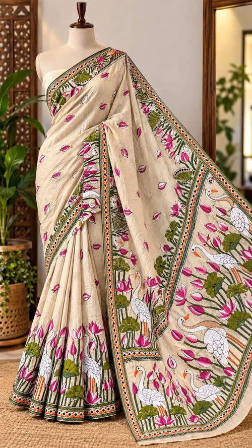 Off-White Gachi Silk Kantha Saree with Lotus Embroidery