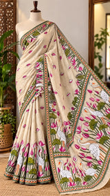 Off-White Silk Kantha Saree with Lotus Embroidery