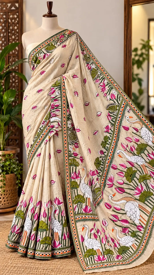 Off-White Silk Kantha Saree with Lotus Embroidery