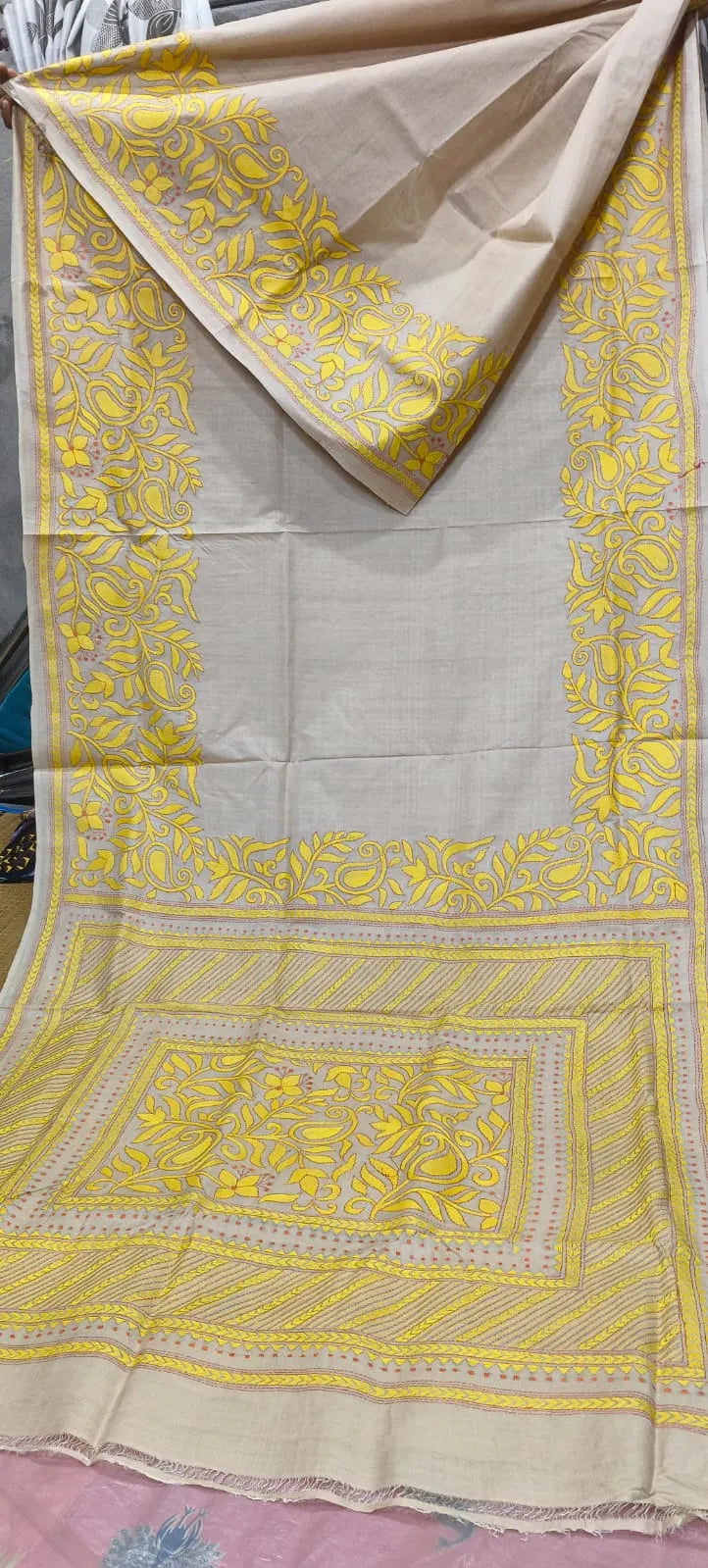 Beige Pure Silk Kantha Saree with Yellow Floral Hand Embroidery | Handmade Santiniketan Kantha Saree Direct From Artisan.