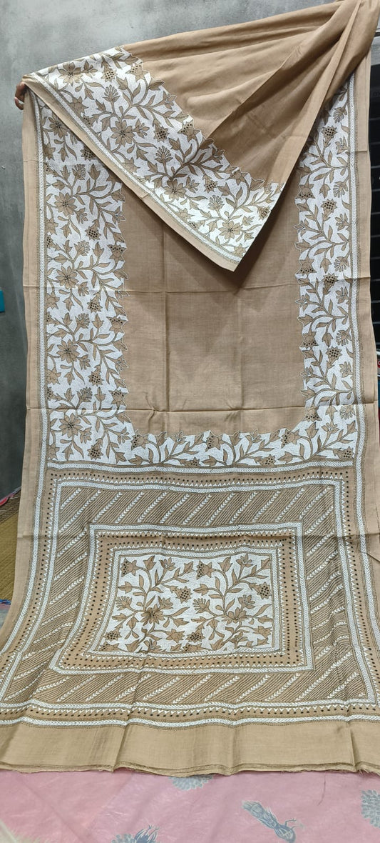 Beige pure Tussar silk Kantha saree with off-white floral vine hand embroidery