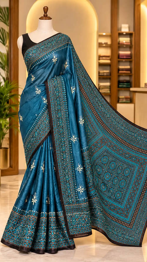 Teal Blue Kantha Silk Saree with Floral Motifs