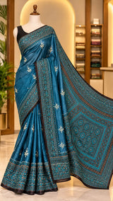 Teal Blue Kantha Silk Saree with Floral Motifs