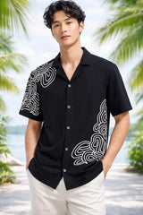 Black cotton camp shirt with white contour-line topographic embroidery