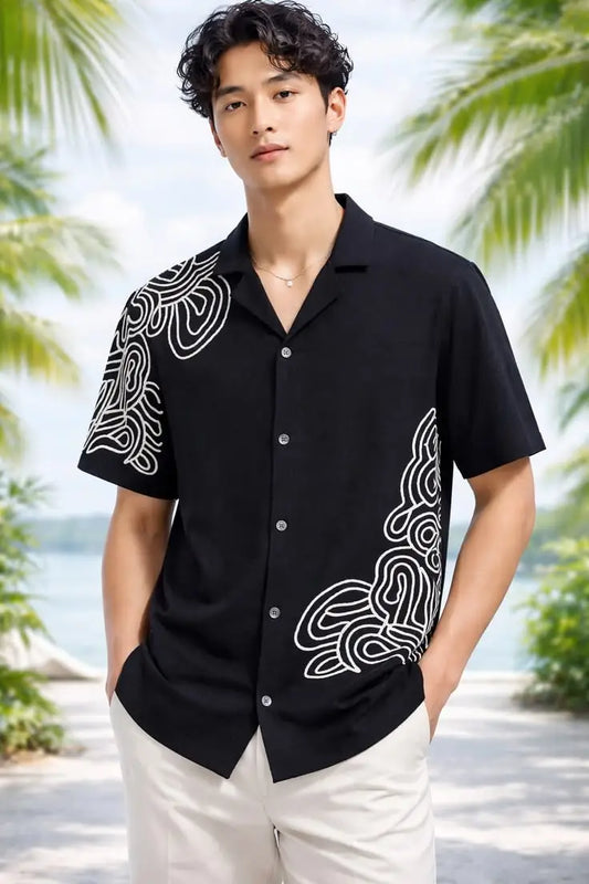 Black cotton camp shirt with white contour-line topographic embroidery