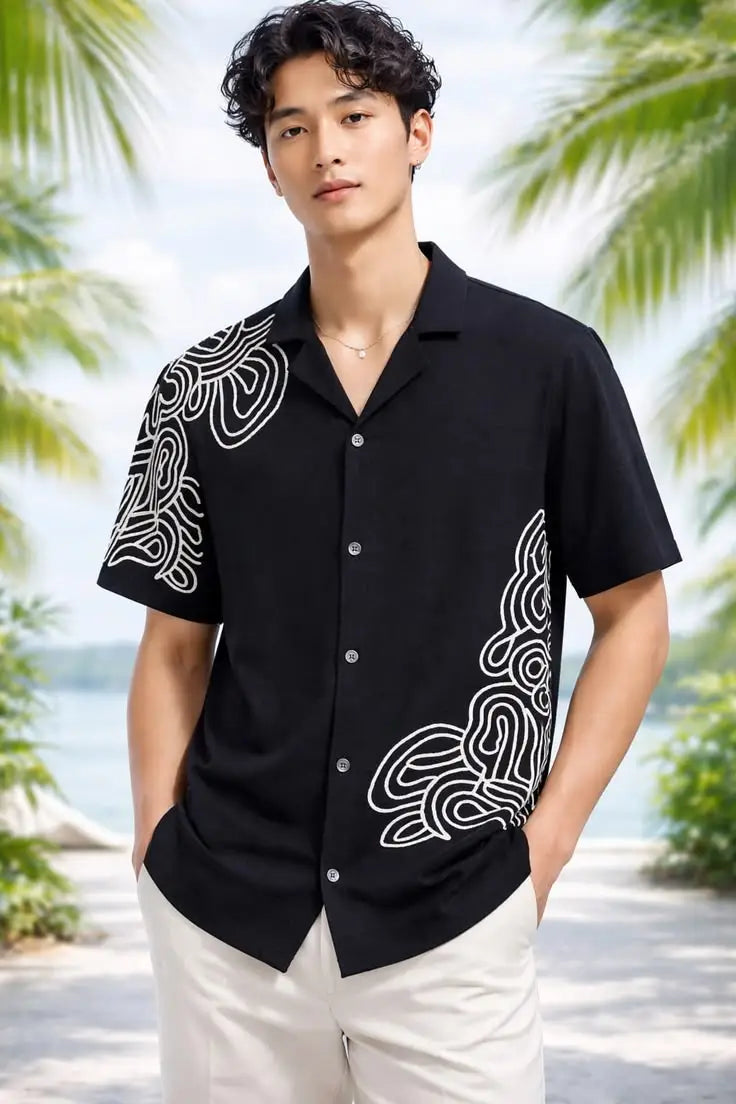 Black cotton camp shirt with white contour-line topographic embroidery