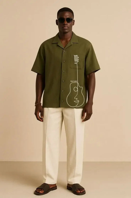 Olive green cotton camp shirt with white guitar line embroidery on chest