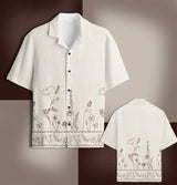Off-white cotton camp shirt with navy floral Kantha embroidery, camp collar