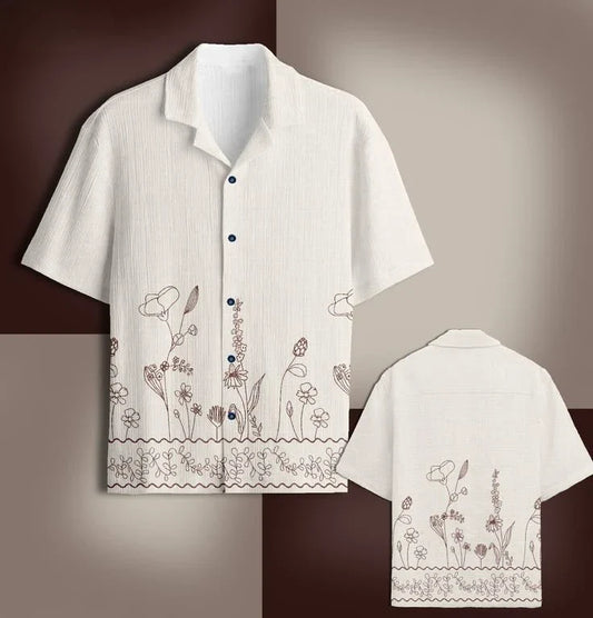 Off-white cotton camp shirt with navy floral Kantha embroidery, camp collar