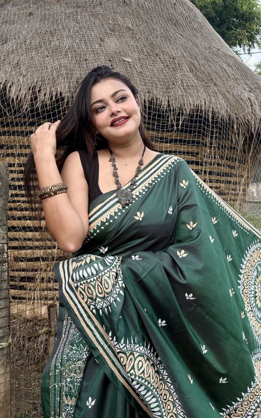 Green Blended Bangalore Silk Kantha Saree With Blouse Pic