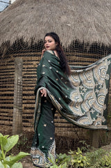 Green Blended Bangalore Silk Kantha Saree With Blouse Pic