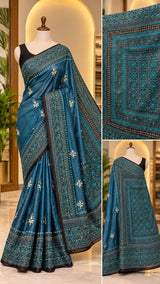 Teal Blue Kantha Silk Saree with Floral Motifs
