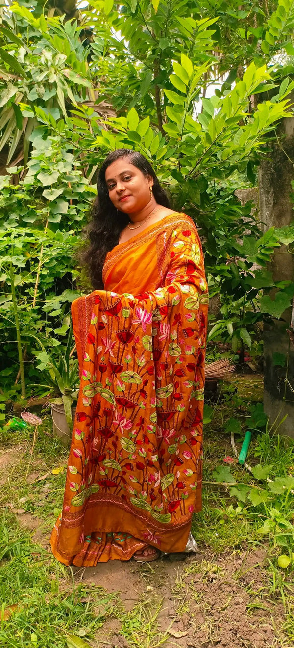Swarnalata Pure Silk Kantha Saree — Mustard Orange with Lotus Embroidery