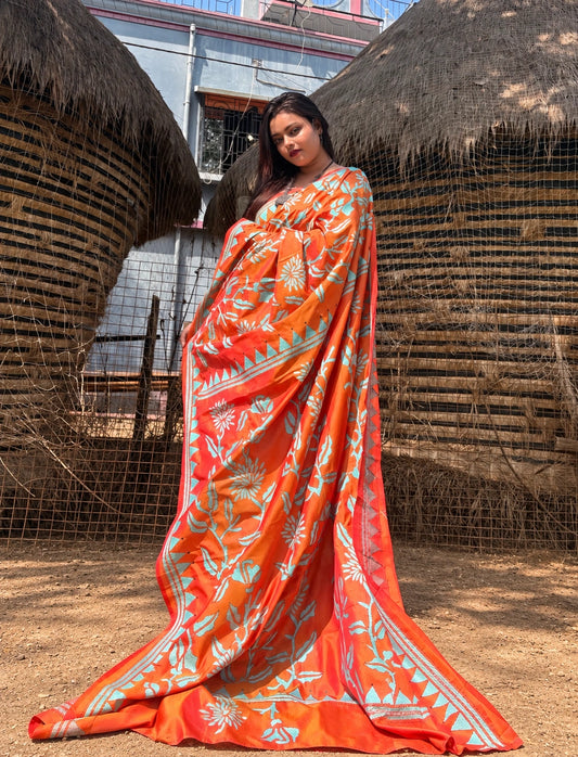 Orange Blended Bangalore Silk Kantha Saree