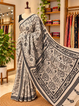 Black and Off-White Kantha Silk Saree