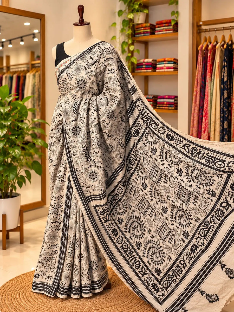 Black and Off-White Kantha Silk Saree